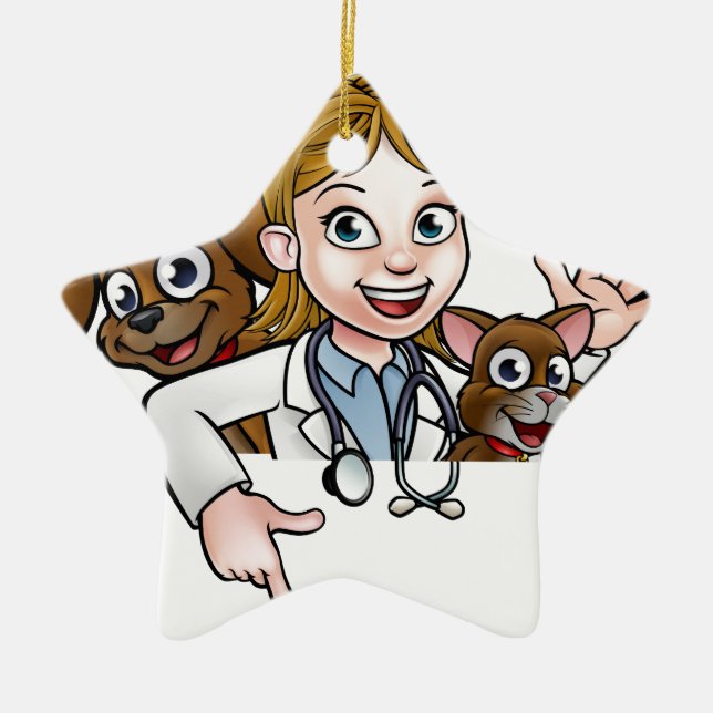 Frauen-Tierarzt-Cartoon-Charakter, der Zeichen Keramikornament (Vorne)