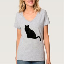 Frauen V-Ausschnitt schwarzes Katzen-Shirt Regular