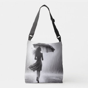 Frauen wandern friedlich im Regen mit Schirm Tragetaschen Mit Langen Trägern