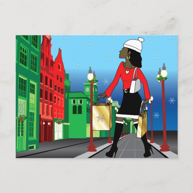 Frauen-Weihnachtseinkaufen mit Taschen gekleideter Feiertagspostkarte (Vorderseite)