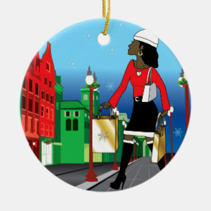 Frauen-Weihnachtseinkaufen mit Taschen gekleideter Keramikornament