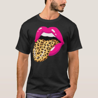 Frauen Zunge Raus Leoparden Druck Zähne Mund Lippe T-Shirt