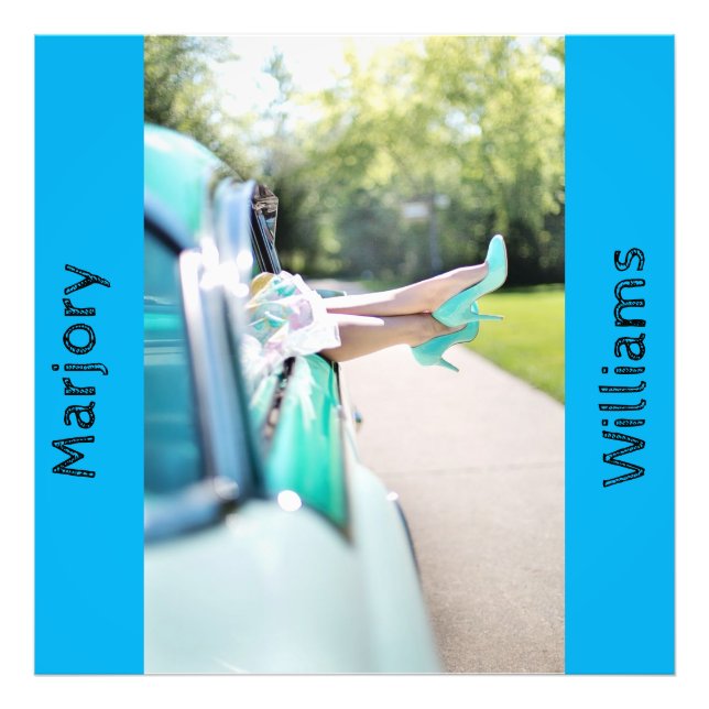 Frauenbeine Vintage Autofenster. Stiletto Editable Fotodruck (Vorne)