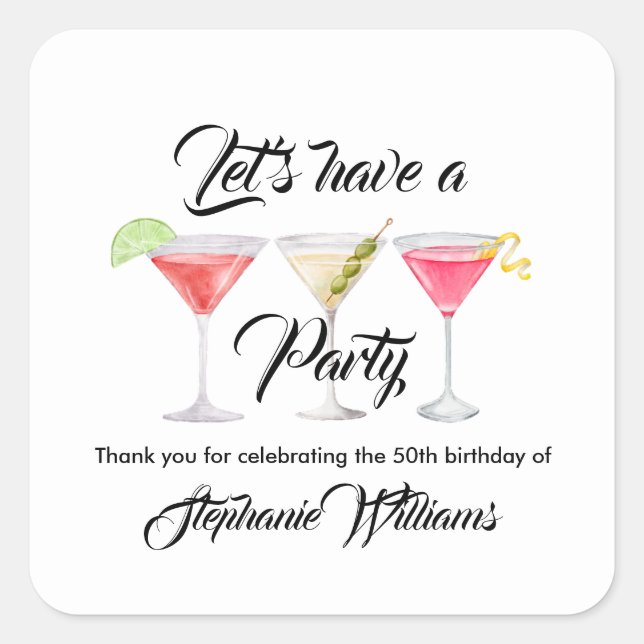 Frauencocktail Sommer 50. Geburtstagsparty Quadratischer Aufkleber (Vorderseite)