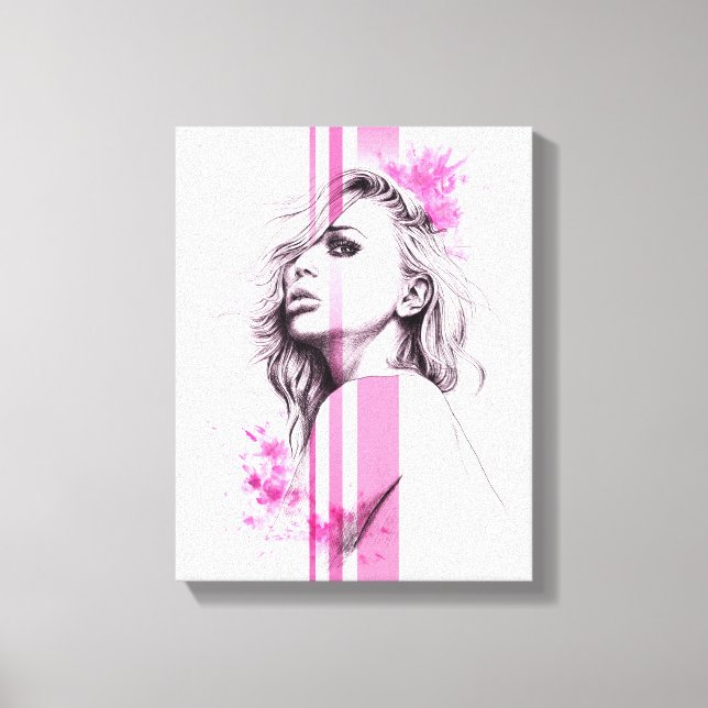Frauenfarbenportrait Pink Fashion Illustration Art Leinwanddruck (Vorderseite)
