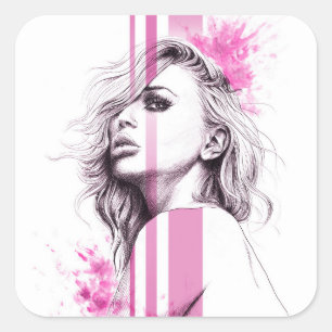Frauenfarbenportrait Pink Fashion Illustration Art Quadratischer Aufkleber