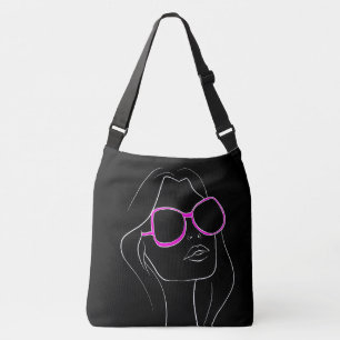 Frauengesicht in rosa Sonnenbrille Schwarzer Retro Tragetaschen Mit Langen Trägern