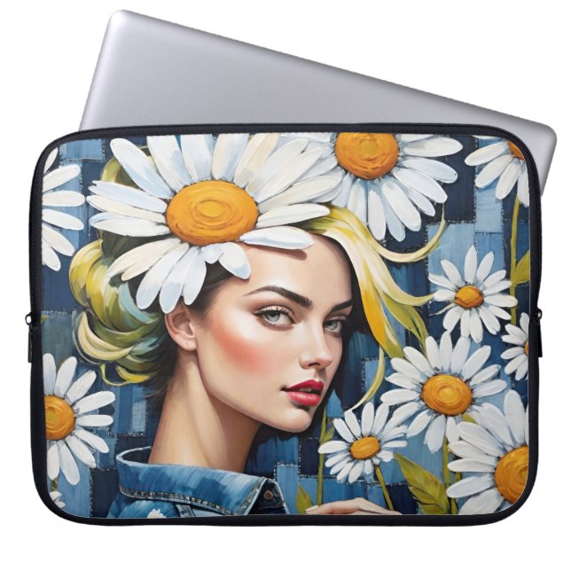 Frauengesicht mit Daisies und Denim Patchwork Laptopschutzhülle (Vorderseite)
