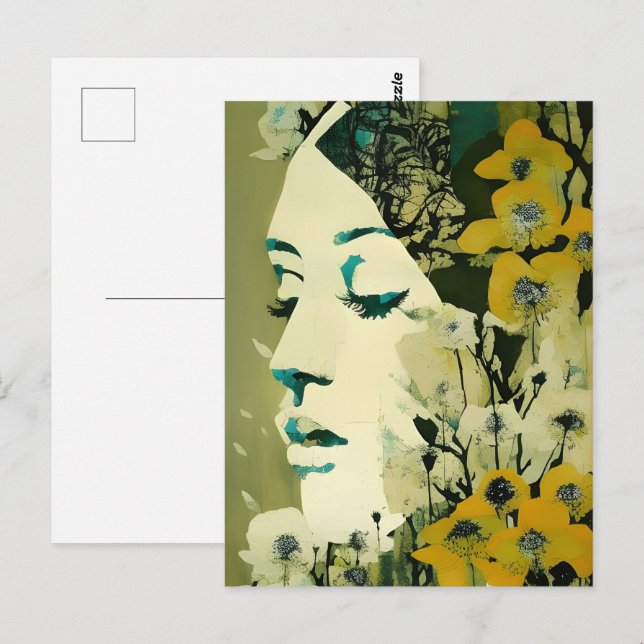 Frauengesicht und Blume Collage Postkarte (Vorne/Hinten)