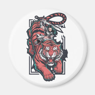 Frauenkrieger auf einem massiven Tiger Magnet