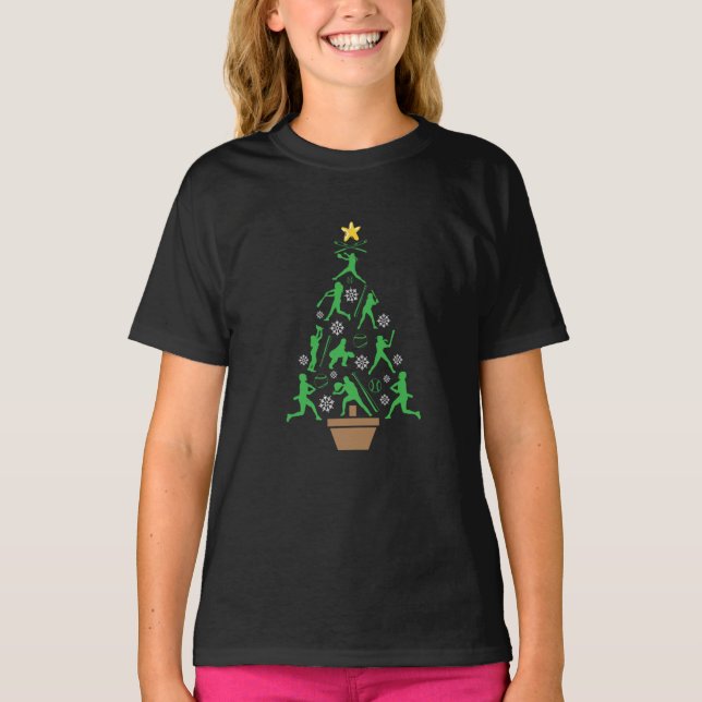 Frauenmädchen Softball Weihnachtsbaum T-Shirt (Vorderseite)