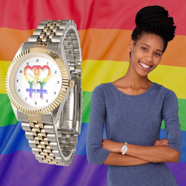 Frauenpaarstypsymbole Regenbogenfarben Armbanduhr (Female Couple Pride Symbols Rainbow Flag Watch)