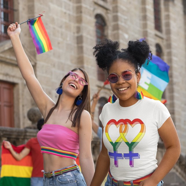 Frauenpaarstypsymbole Regenbogenfarben T-Shirt (Female Couple Pride Symbols Rainbow Flag T-Shirt)