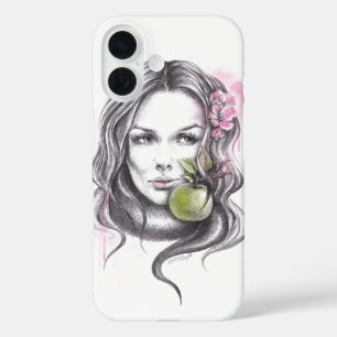Frauenportrait mit Apfel und Blüte Surreale Kunst iPhone 16 Hülle