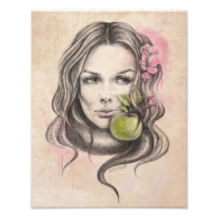 Frauenportrait mit Apfel und Blüte Surreale Kunst Fotodruck