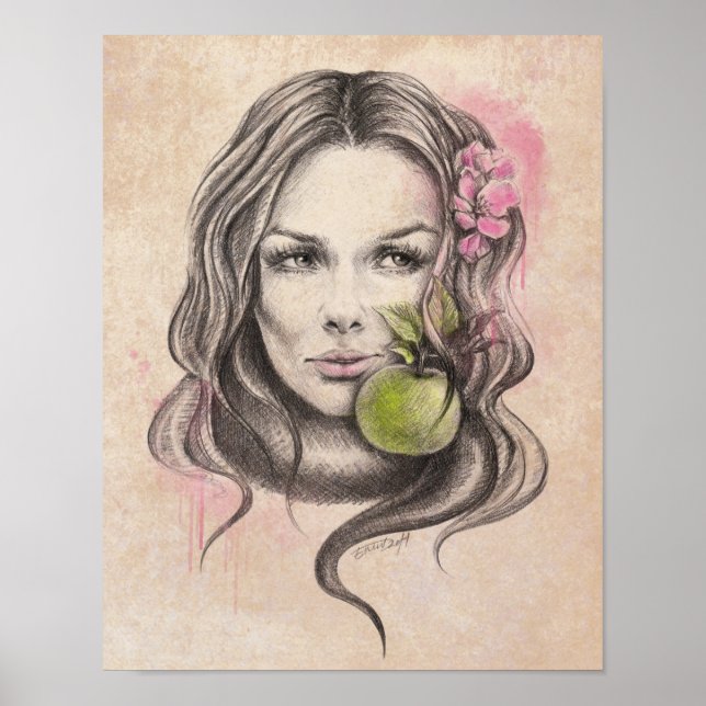 Frauenportrait mit Apfel und Blüte Surreale Kunst Poster (Vorne)