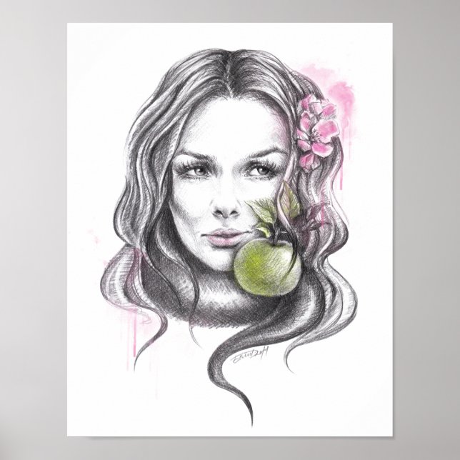 Frauenportrait mit Apfel und Blüte Surreale Kunst Poster (Vorne)