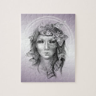 Frauenportrait Moths Violet lila surreal art Puzzle