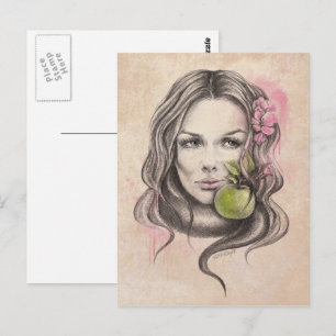 Frauenporträt mit Apfel und Blüte Surrealistische  Postkarte