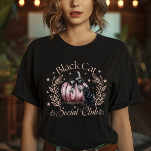 Frauens Black Cat Social Club Halloween T-Shirt