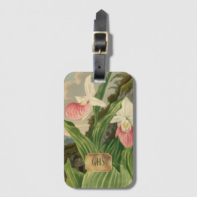 Frauenschuh Vintage-Blumen-Orchidee-Monogramm Gepäckanhänger (Vorderseite Vertikal)