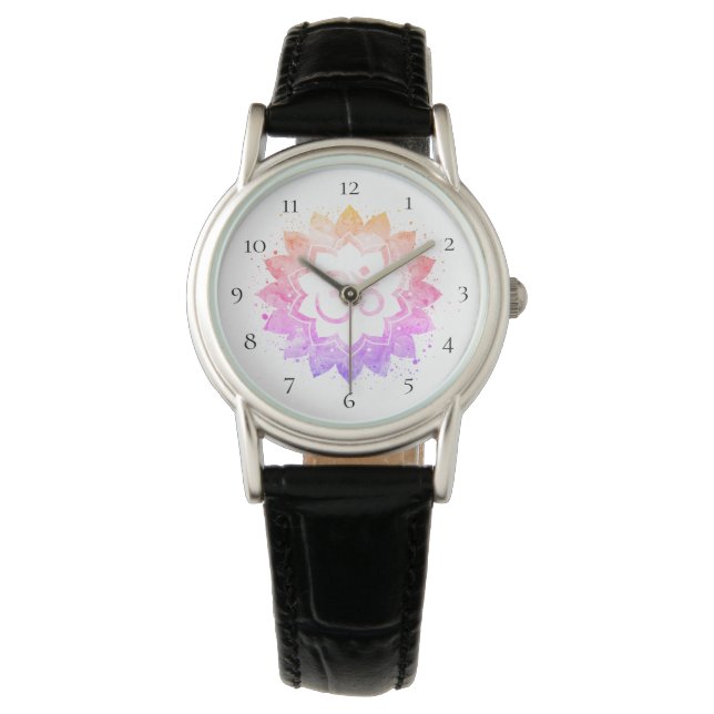 *~* Frauenschwarz Om Neue Blume Lotus Mandala Armbanduhr (Vorderseite)