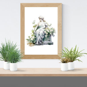 Frauenstatue im Garten Aquarell Weiße Blumen Poster