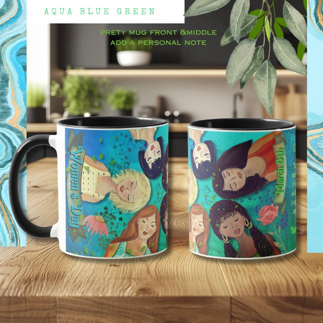 Frauentag Portraits Blue Green Tasse (Women's Day Woman Portraits Blue Green Mug)