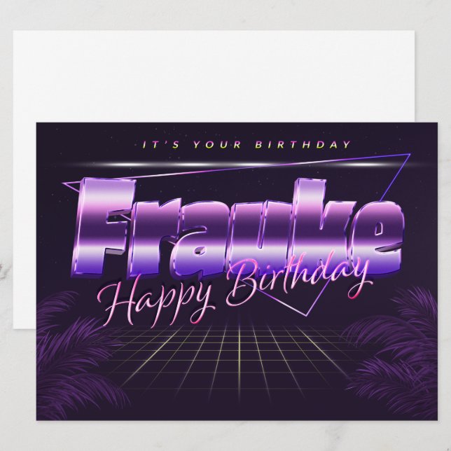Frauke Name Vorname lila retro Karte Geburtstag (Vorne/Hinten)