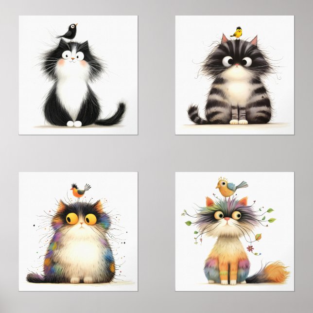 Frazzle Katzen mit Bird Watercolor Wanddrucken Bilderwand Sets (Vorderseite)