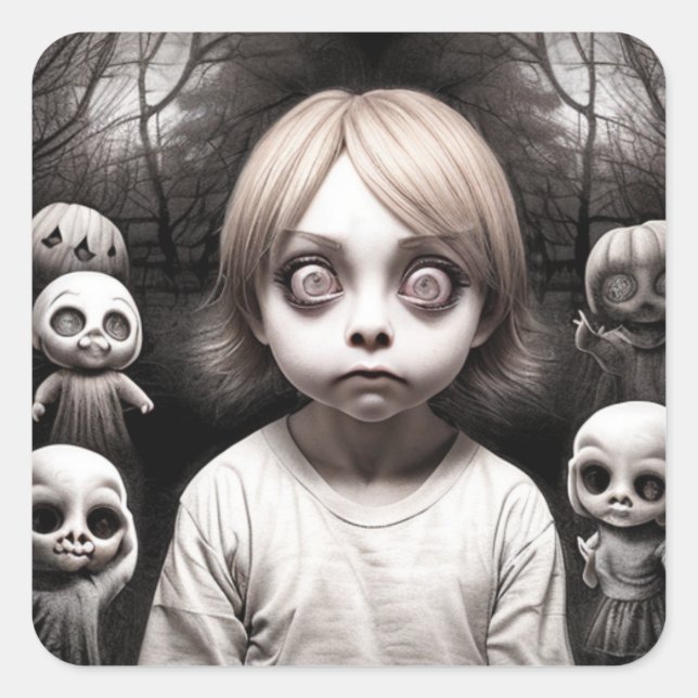 Freaky Child mit Big Eyes Halloween Quadratischer Aufkleber (Vorderseite)