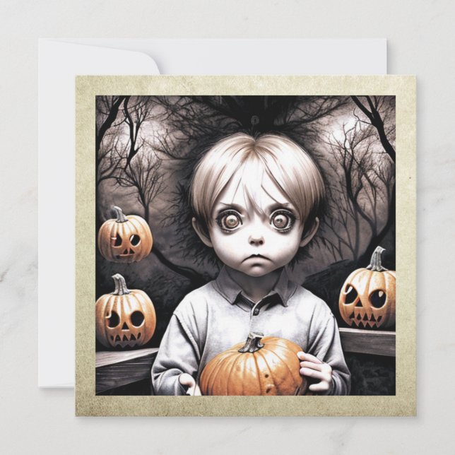 Freaky Child mit Big Eyes und Pumpkins Halloween Einladung (Vorderseite)
