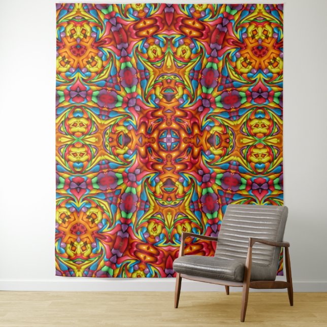 Freaky Tiki rotes Vintages Fraktal-Kaleidoskop Wandteppich (Beispiel)