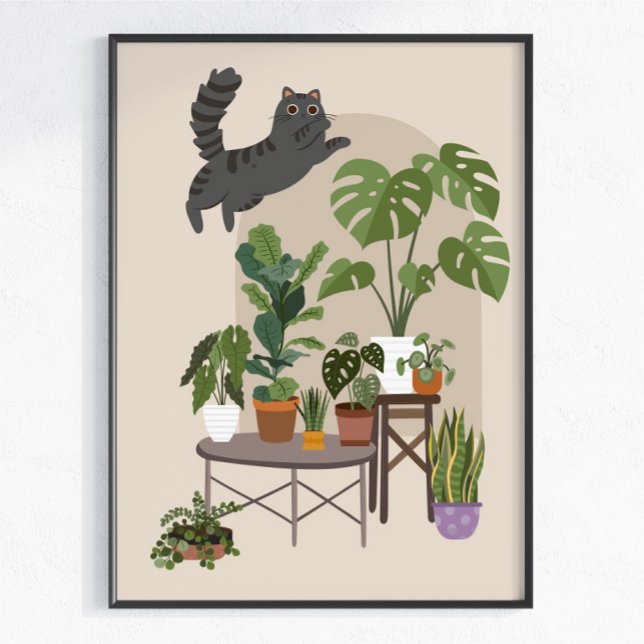 Freche Graue Getigerte Katze & Monstera Dschungel Poster (Von Creator hochgeladen)