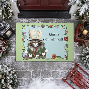 Freche Weihnachtskatze Humor Maine Coon Grün Lusti Fußmatte