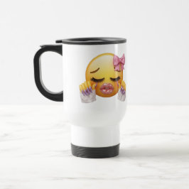 Freches Errötungs-Emoji mit rosa Schleife & langen Reisebecher