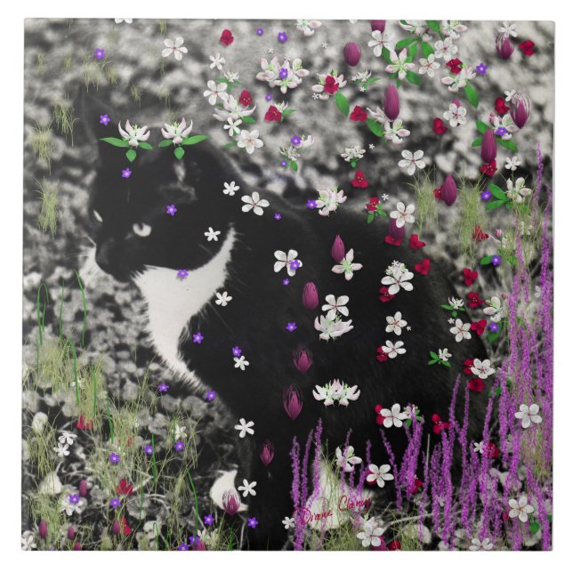 Freckles in den Blumen I - Schwarz-weißer Fliese (Vorderseite)