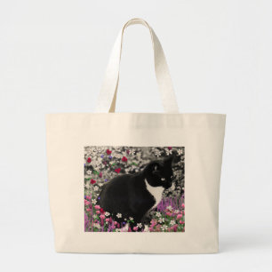 Freckles in den Blumen II - Tuxedo-Katze Jumbo Stoffbeutel
