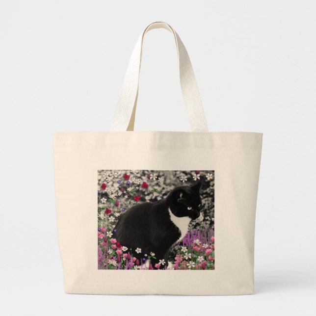 Freckles in den Blumen II - Tuxedo-Katze Jumbo Stoffbeutel (Vorne)