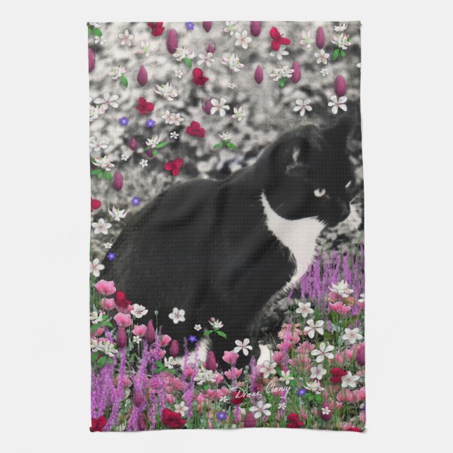Freckles in den Blumen II - Tuxedokitty-Katze Handtuch (Vertikal)