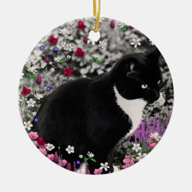 Freckles in den Blumen II - Tuxedokitty-Katze Keramikornament (Vorne)