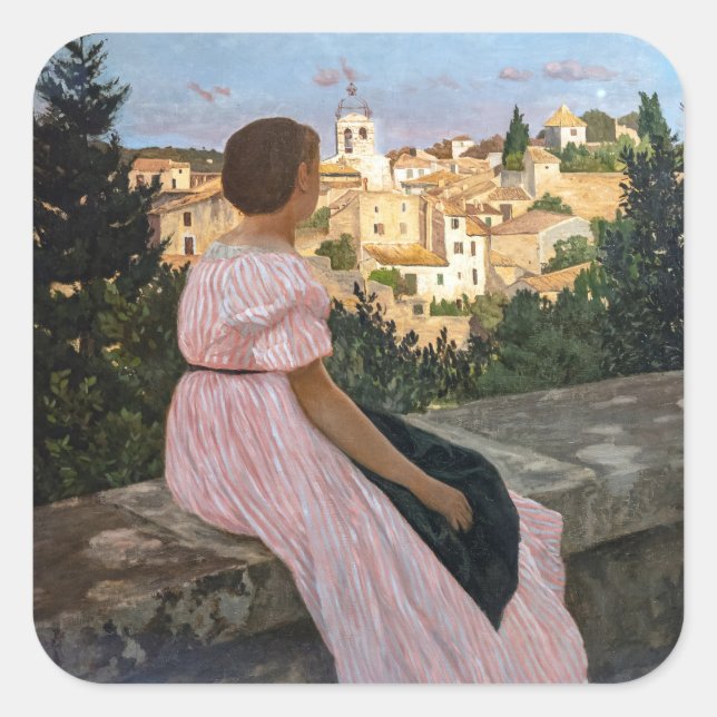 Frederic Bazille - Das rosa Kleid Quadratischer Aufkleber (Vorderseite)