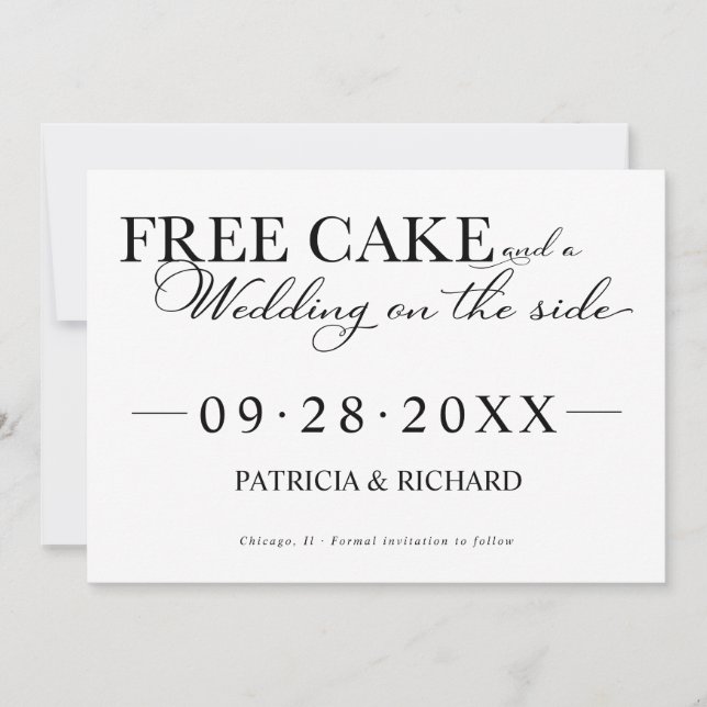 Free Cake Funny Wedding Save the Date Non Foto Einladung (Vorderseite)