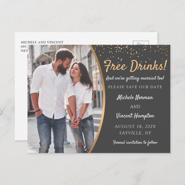 Free Drinks Black Gold Foto Save the Date Lässig Postkarte (Vorne/Hinten)