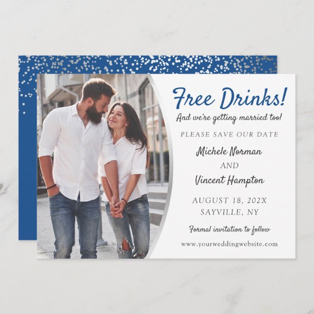 Free Drinks Blue Silver Foto Save the Date Lässig (Vorne/Hinten)