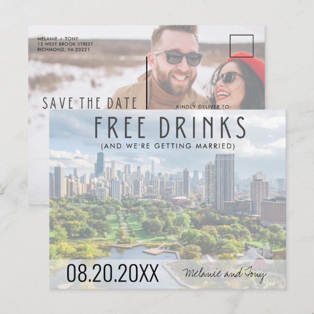 Free Drinks Chicago Skyline Wedding Save the Date Ankündigungspostkarte (Vorne/Hinten)