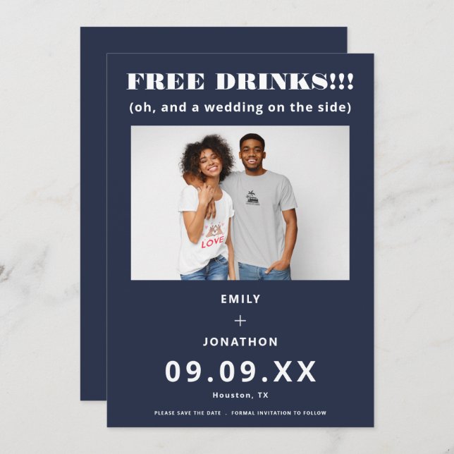 Free Drinks Foto Lässig Navy White Save the Date (Vorne/Hinten)