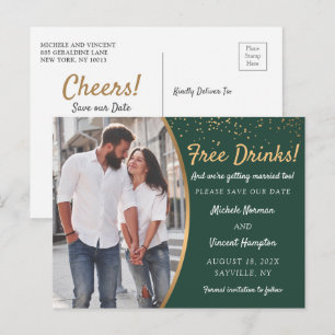 Free Drinks Green Gold Foto Save the Date Lässig Postkarte