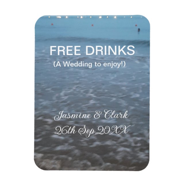 Free drinks save the date beach wedding add name  magnet (Vertikal)