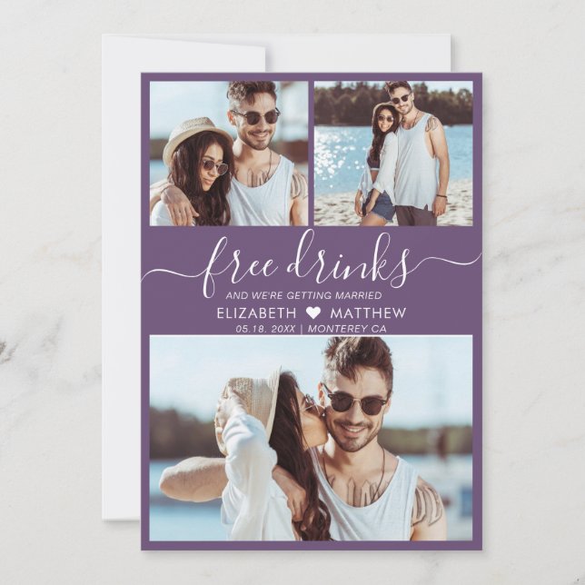 Free Drinks Script Lila 3 Foto Collage Wedding Save The Date (Vorderseite)